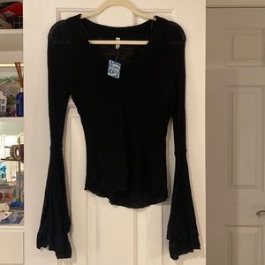NWT Free People Bell Bottom Sleeve Fitted Black Shirt Size Small